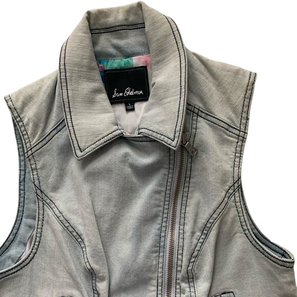 Sam Edelman Denim Cropped Moto Vest Blue Women's Sleeveless Jean Jacket- L-- NWT - Picture 10 of 12